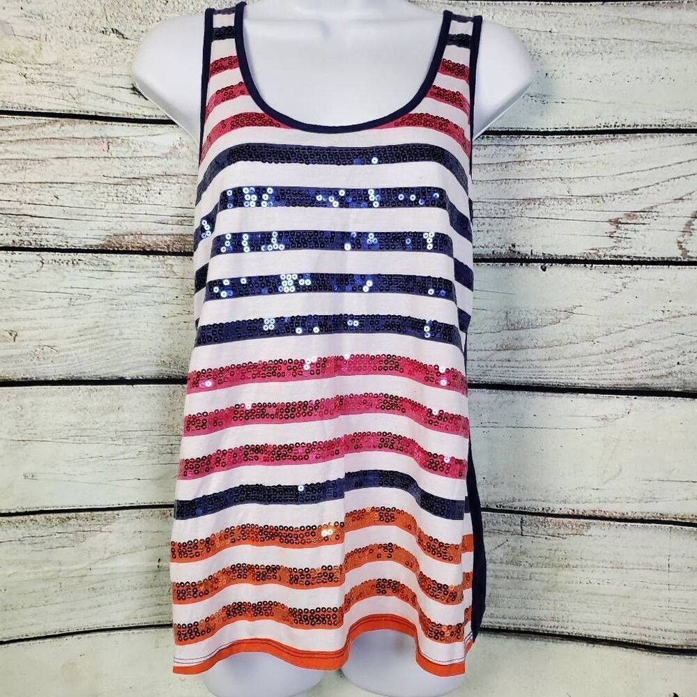 Almost Famous Women’s XL Sequin Striped Tank Top Racerback Multicolor Shine